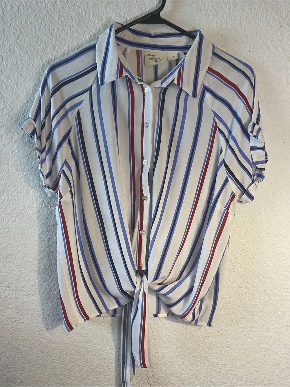 Striped Tie-Front Button-Up Shirt - White with Blue & Red Stripes Size M